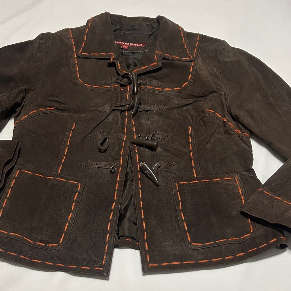 Jennyfer J Vintage Brown Suede Jacket with Orange Stitching L